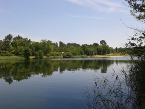 Volunteers take time to relax by the lake.